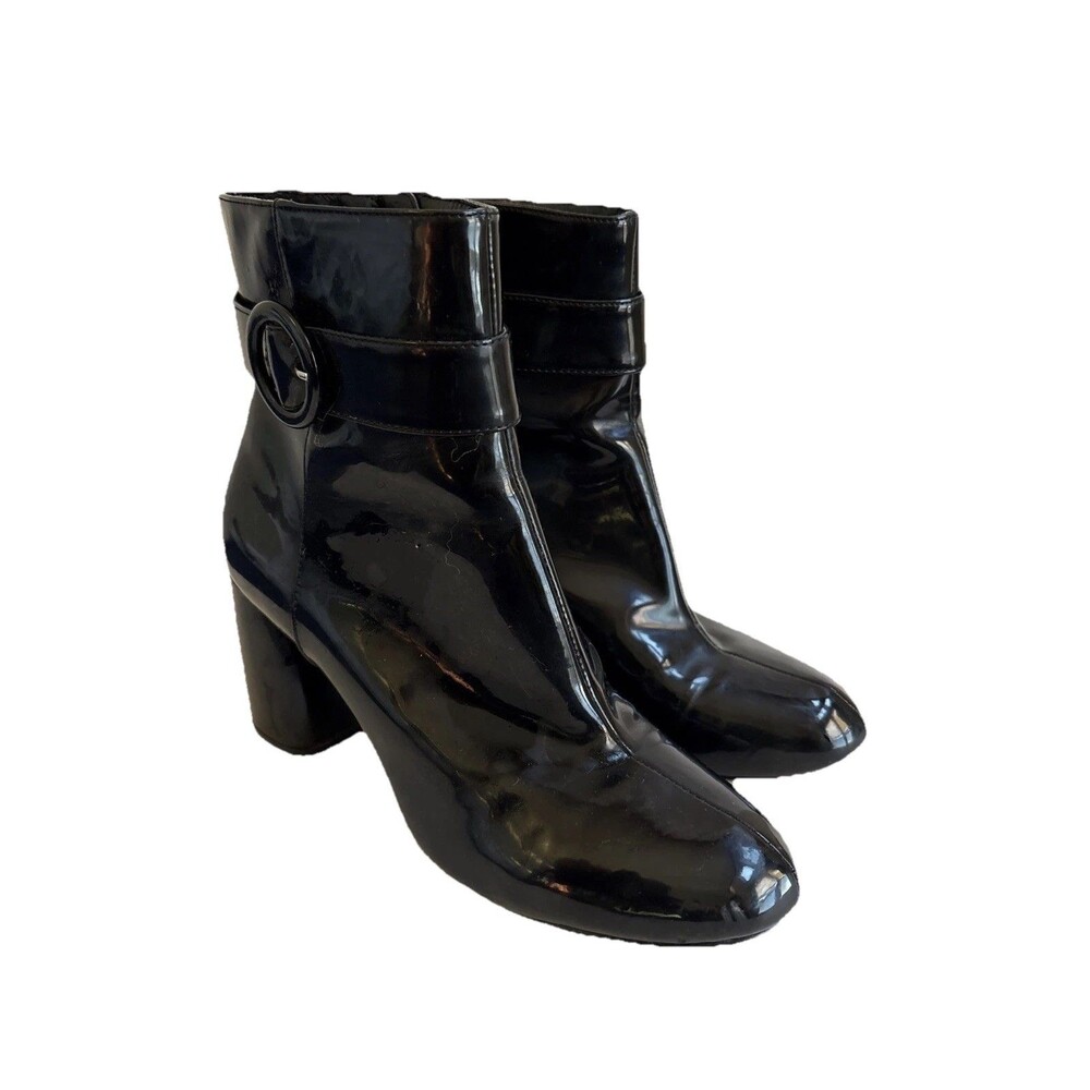 Ladies 9 West Kyra Black Patent Block Heel Zip Bootie Size 9.5